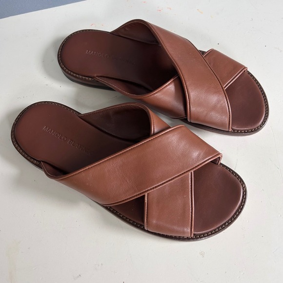 Manolo Blahnik Sandals Mens size 7 Brown Leather Criss Cross Slide Italy Euro - Picture 6 of 9